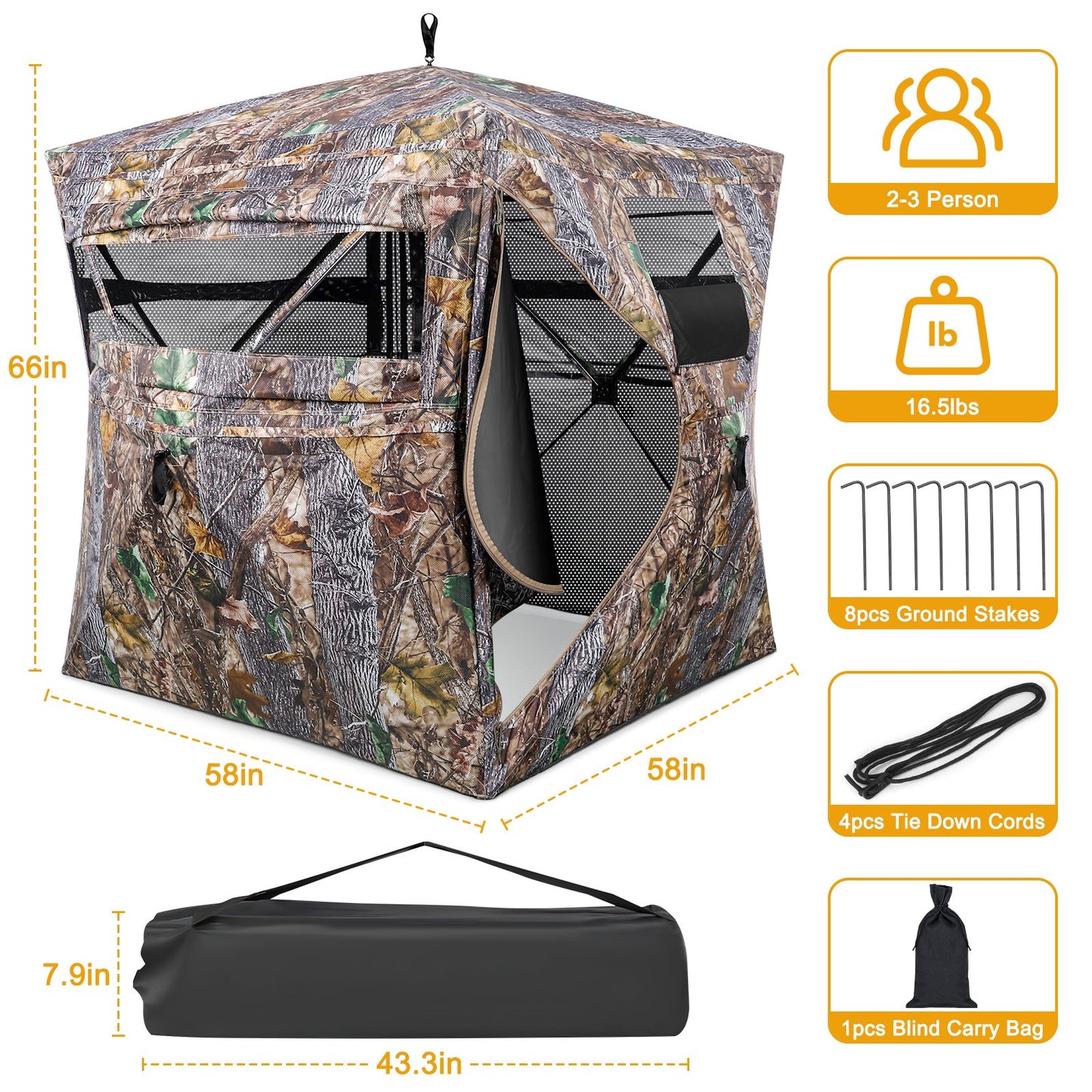 GIKPAL Portable 2-3 Person 270 Degree See Through Hunting Blind Pop-Up Ground Blind with Tie-downs & Carrying Bag for Deer, Duck and Turkey Hunting