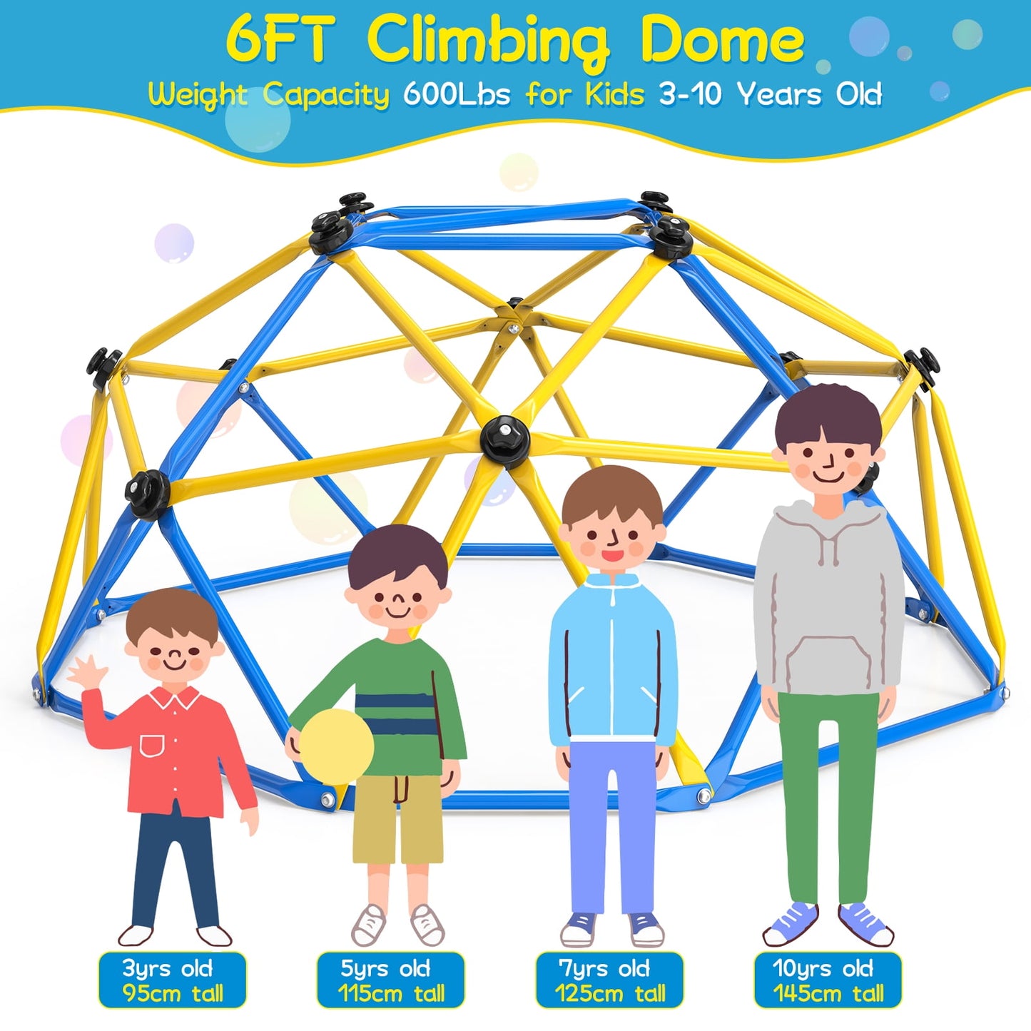 GIKPAL 6FT Dome Climber, Jungle Gym for Kids 3-5 Year Outdoor Play Center, Supporting 600 lbs Rugged and Interesting Climbing Dome, Yellow and Blue
