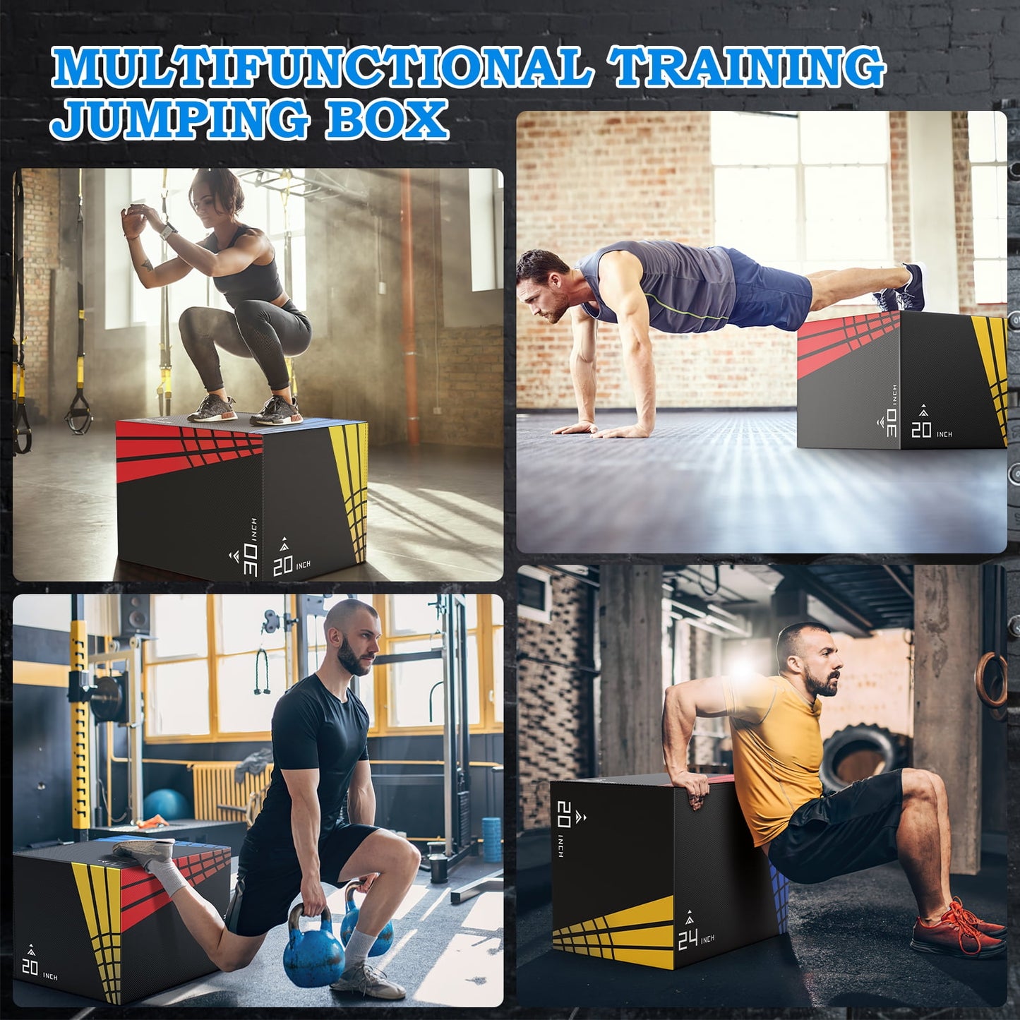 GIKPAL 3 in 1 - 16"x20"x24" Foam Plyometric Jump Box,Stable Plyo Box with 3MM Anti-Slip Particles for Home Gym Jumping Exercise, Weight 38lbs