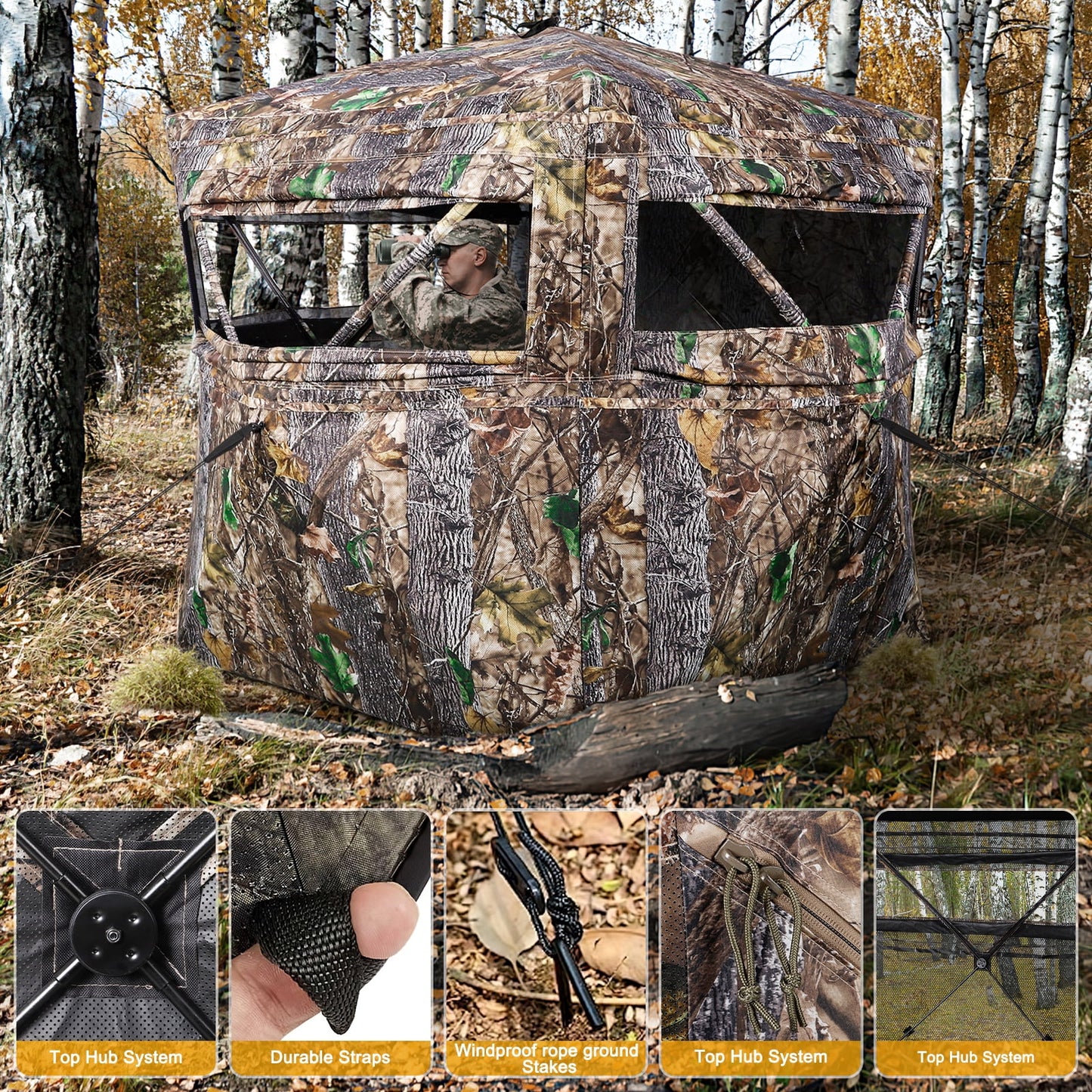 GIKPAL Portable 360-Degree See Through Hunting Blind for 2-3 People with Tie-Downs and Carrying Bag, Ideal for Deer, Duck, and Turkey Hunting