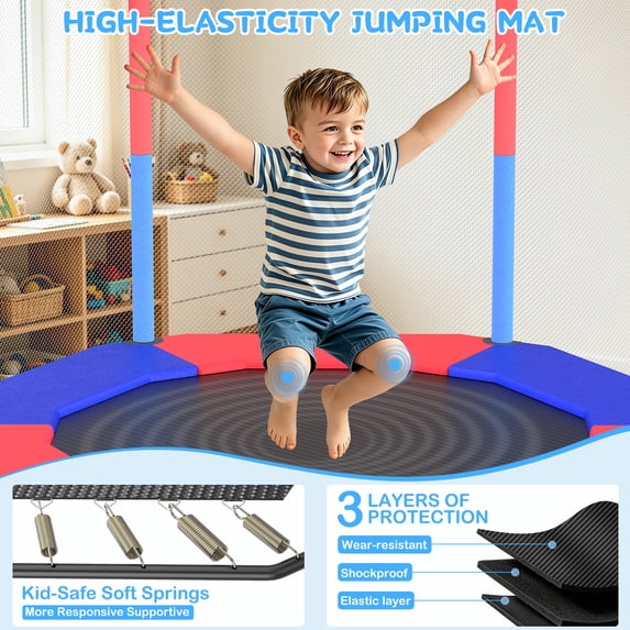 GIKPAL 60'' Kids Trampoline with Basketball Hoop & Safety Net, Rings, Gymnastic Bar, Indoor/Outdoor Toddler Trampoline Gift for Boys & Girls, Blue