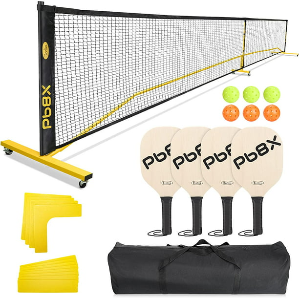 Deeliva Pickleball Set with Portable Pickleball Net (Net + 4 Paddles + 6 Pickleballs + a Carry Bag+ a set of court line maker) for Beginners Indoor Outdoor Play