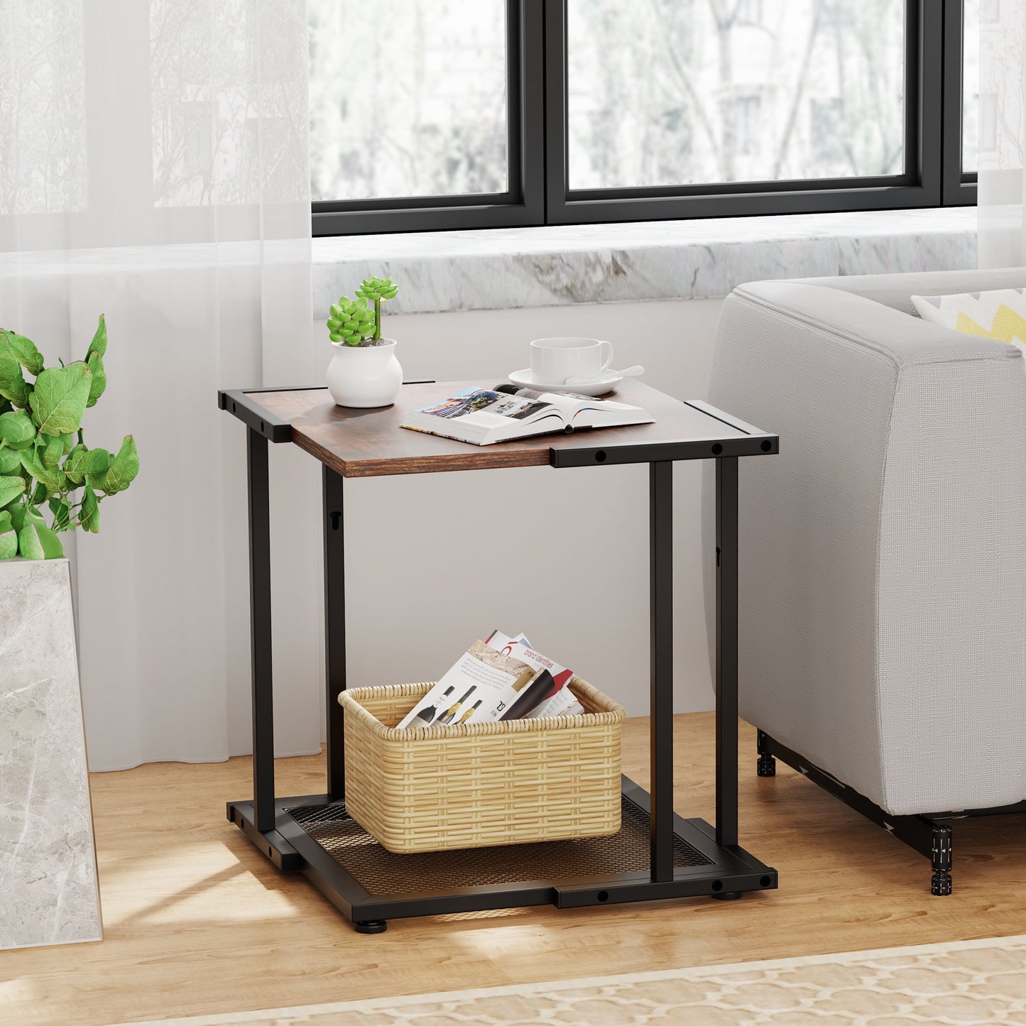 Renfox Side Table, End Table with Magazine Holder Living Room