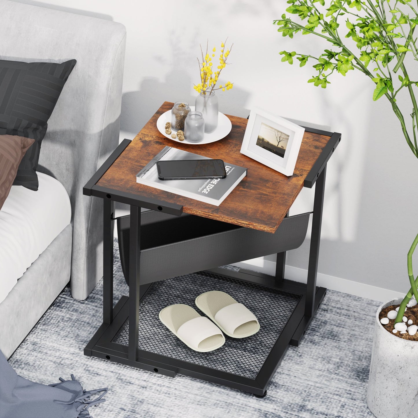 Renfox Side Table, End Table with Magazine Holder Living Room