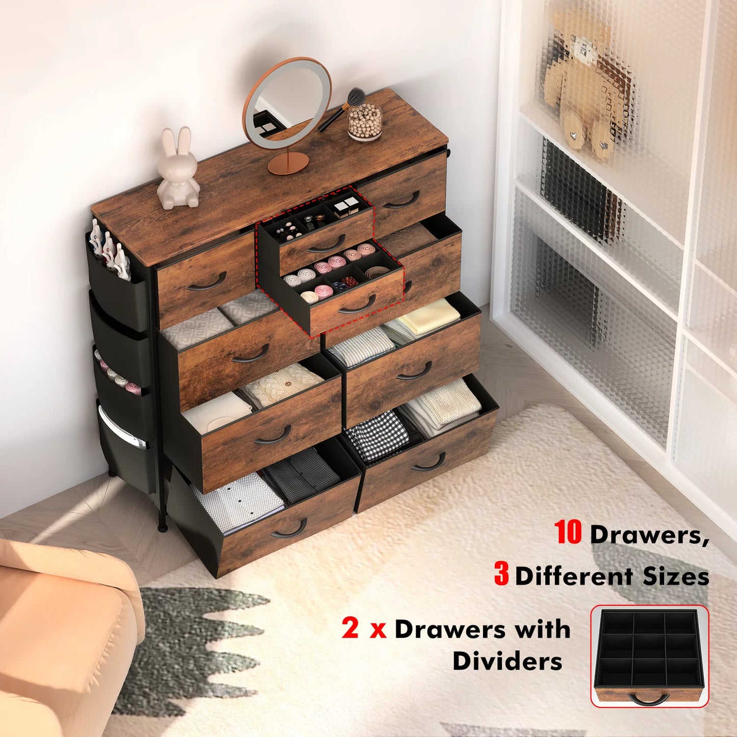 Renfox 10 Drawer Dresser, Chest of Drawers for Bedroom with Side Pockets