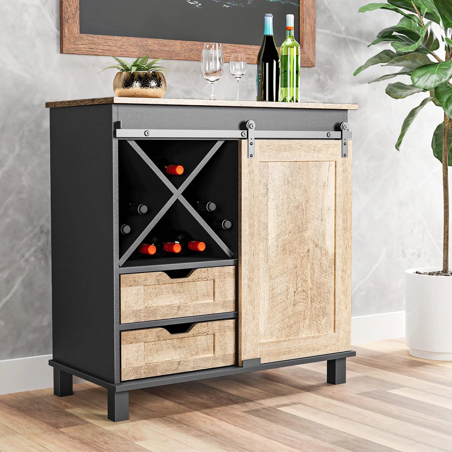 Renfox Buffet Cabinet, Accent Sideboard Storage Cabinet with Wine Rack